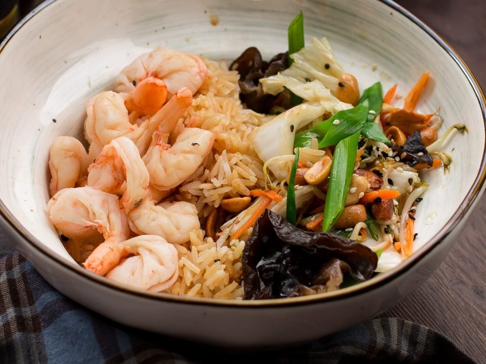 Asian food: rice with shrimp and peanuts